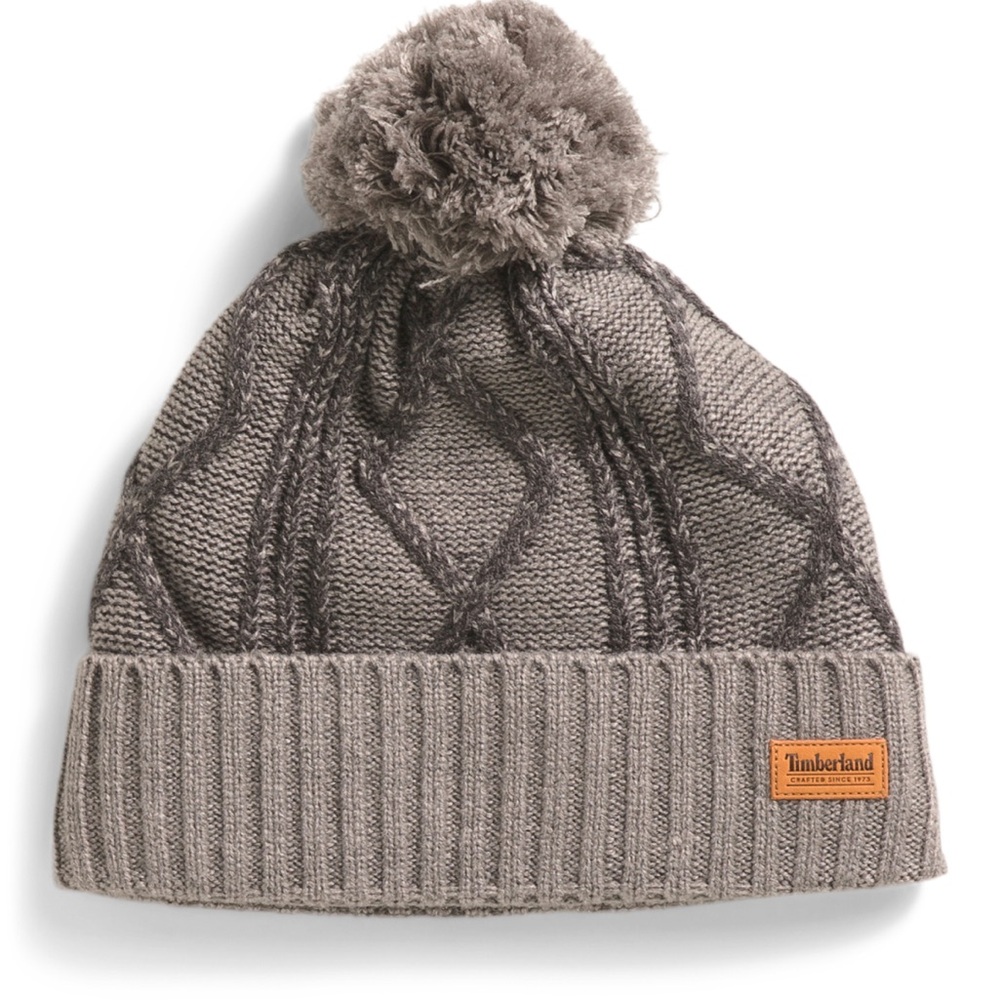 NWT Timberland Cable Knit Pom Pom Beanie in Light Heather Grey